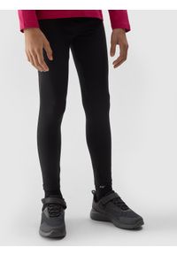 4f - 4F Legginsy dzianinowe dziewczęce - czarne 146 (10-11 lat). Okazja: na co dzień. Kolor: czarny. Materiał: dzianina. Wzór: gładki, ze splotem, jednolity. Sezon: lato. Styl: sportowy, casual