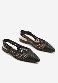 Born2be - Czarne Sandały Slingback z Noskiem w Szpic z Ażurowej Plecionki Tillirune. Okazja: na co dzień. Kolor: czarny. Materiał: jedwab, len. Wzór: ażurowy. Obcas: na obcasie. Styl: casual, elegancki. Wysokość obcasa: niski #4