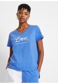 bonprix - Shirt z nadrukiem. Typ kołnierza: dekolt w serek. Kolor: niebieski. Wzór: nadruk