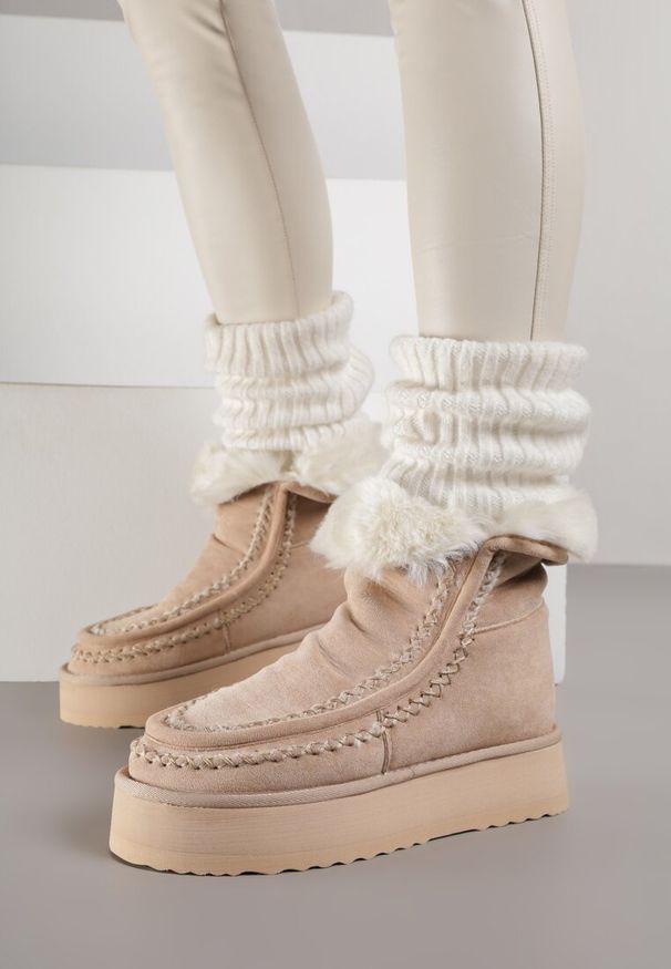 Born2be - Beżowe Śniegowce z Przeszyciami Oliwedea. Okazja: na co dzień. Kolor: beżowy. Materiał: jeans. Styl: casual, elegancki