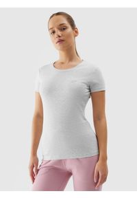 4f - 4F T-shirt slim gładki damski - szary M. Okazja: na co dzień. Kolor: szary. Materiał: dzianina, bawełna, jersey, materiał, elastan. Wzór: gładki. Styl: sportowy, casual