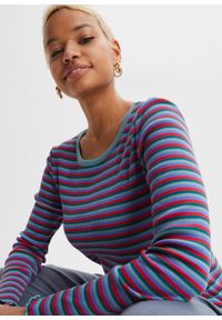 bonprix - Prążkowana bluzka z bawełny organicznej. Kolor: niebieski. Materiał: prążkowany, bawełna. Wzór: prążki, paski #3