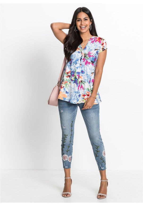 bonprix - T-shirt z mieszanki wiskozy. Typ kołnierza: dekolt w serek. Kolor: niebieski. Materiał: wiskoza. Wzór: gładki, nadruk, aplikacja