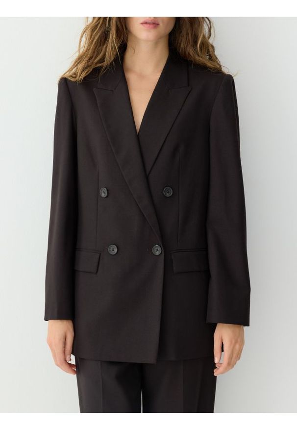 Reserved - Marynarka z wełną - ciemnobrązowy. Kolor: brązowy. Materiał: wełna