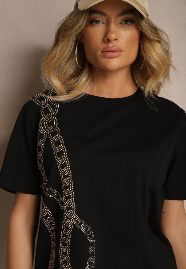 Renee - Czarny T-shirt z Bawełny Ozdobiony Cyrkoniami Lavnelis. Kolor: czarny. Materiał: bawełna. Wzór: aplikacja