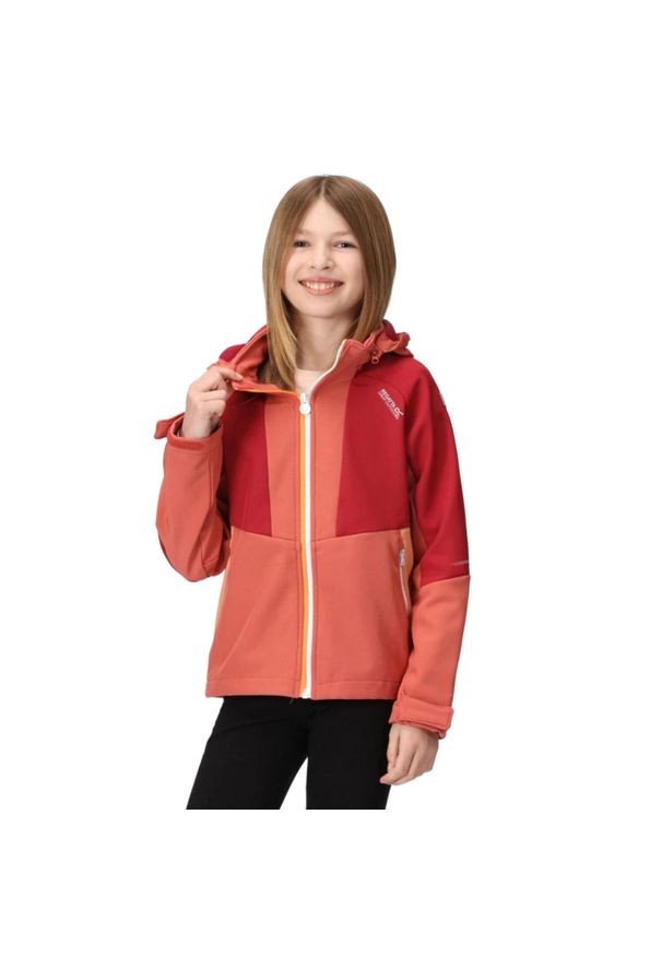Kurtka turystyczna dla dzieci Regatta Haydenbury. Typ kołnierza: kaptur. Kolor: pomarańczowy. Materiał: poliester. Styl: sportowy