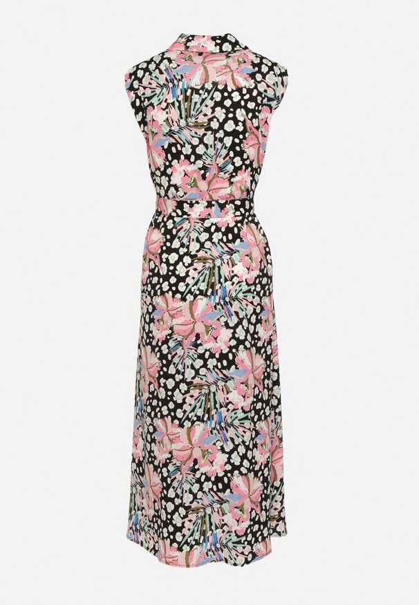 Born2be - Czarno-Różowa Sukienka Koszulowa w Kwiaty Zapinana na Guziki z Materiałowym Paskiem Himpia. Okazja: na spotkanie biznesowe. Typ kołnierza: kołnierzyk klasyczny. Kolor: czarny. Materiał: materiał. Wzór: kwiaty. Typ sukienki: koszulowe. Styl: klasyczny, biznesowy