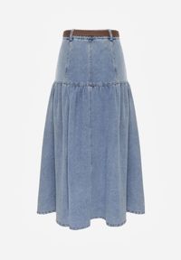Born2be - Niebieska Bawełniana Spódnica Jeansowa z Rozkloszowanym Dołem i Plecionym Paskiem Doriame. Okazja: do pracy, na co dzień. Kolor: niebieski. Materiał: bawełna, jeans. Wzór: aplikacja. Styl: casual #6
