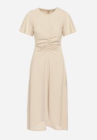 Born2be - Beżowa Rozkloszowana Sukienka Ozdobiona Marszczeniem Odallica. Kolor: beżowy. Wzór: aplikacja. Typ sukienki: rozkloszowane. Styl: elegancki #7