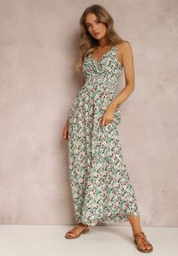 Renee - Zielona Sukienka Alethyxo. Kolor: zielony. Materiał: bawełna, tkanina. Wzór: kwiaty. Typ sukienki: kopertowe, rozkloszowane. Długość: maxi #5
