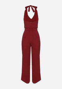 Born2be - Bordowy Taliowany Kombinezon z Paskiem Wiązaniem i Odkrytymi Plecami Malurea. Okazja: na co dzień, na imprezę. Kolor: czerwony. Materiał: jeans. Sezon: lato. Styl: casual #4