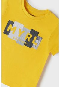 Mayoral T-shirt bawełniany dziecięcy kolor żółty z nadrukiem. Okazja: na co dzień. Kolor: żółty. Materiał: bawełna. Wzór: nadruk. Styl: casual