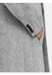 Ombre Clothing - Elegancki dwurzędowy męski płaszcz w jodełkę – szary V1 - Rozmiar: M. Kolor: szary. Materiał: tkanina, materiał, poliester, dzianina. Wzór: jodełka. Styl: elegancki