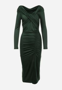 Born2be - Ciemnozielona Dopasowana Sukienka z Marszczeniem Kivi. Kolor: zielony. Materiał: materiał. Typ sukienki: dopasowane. Styl: elegancki. Długość: midi #6
