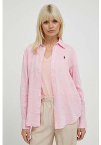 Polo Ralph Lauren koszula lniana kolor różowy regular z kołnierzykiem klasycznym. Okazja: na co dzień. Typ kołnierza: kołnierzyk klasyczny, polo. Kolor: różowy. Materiał: len. Wzór: gładki, aplikacja. Styl: klasyczny #4