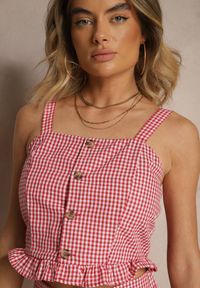 Renee - Czerwona Bluzka Top w Kratę z Guzikami i Falbanką Falionna. Okazja: na co dzień. Kolor: czerwony. Materiał: jeans. Długość rękawa: na ramiączkach. Wzór: kratka. Sezon: lato. Styl: klasyczny, casual, elegancki
