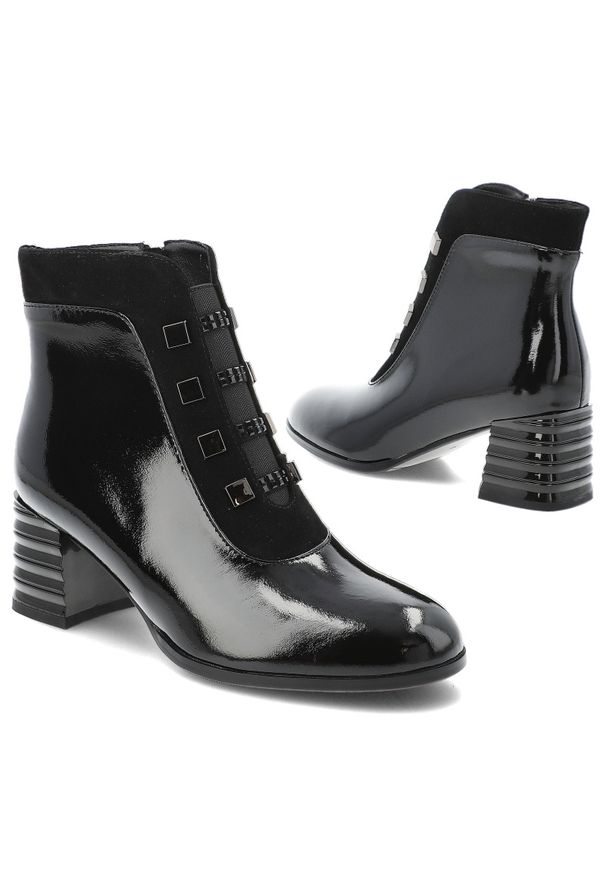 Czarne Botki S.Barski Modne Lakierowane Buty Damskie. Okazja: na co dzień. Zapięcie: pasek. Kolor: czarny. Materiał: lakier. Wzór: geometria, gładki. Obcas: na obcasie. Styl: casual, elegancki. Wysokość obcasa: średni