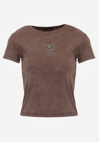 Renee - Brązowy T-shirt z Bawełny Ozdobiony Sercem z Cyrkonii Amythera. Okazja: na co dzień. Kolor: brązowy. Materiał: bawełna. Wzór: aplikacja. Styl: sportowy, casual, elegancki #8