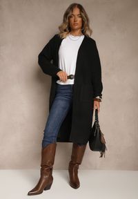 Renee - Czarny Długi Kardigan Niezapinany z Bawełną Ferrive. Okazja: na co dzień. Kolor: czarny. Materiał: bawełna. Długość: długie. Styl: casual