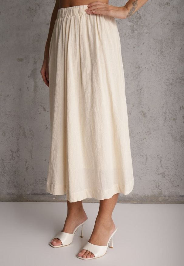 Renee - Beżowy Komplet z Bawełny Kamizelka i Spódnica o Rozkloszowanym Kroju Movenae. Kolor: beżowy. Materiał: bawełna. Wzór: geometria