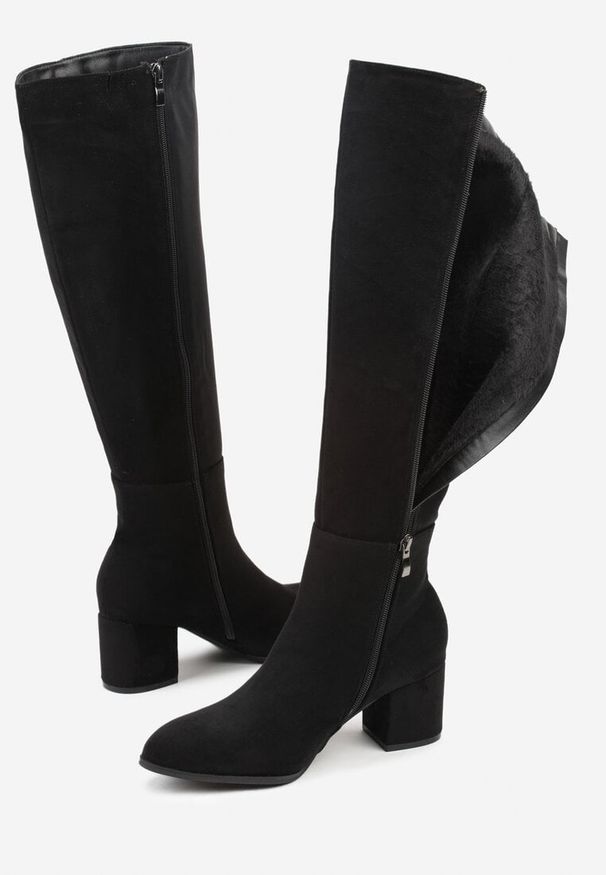 Born2be - Czarne Kozaki z Imitacji Zamszu do Kolana Vices na Niskim Słupku Ilodia. Okazja: na spotkanie biznesowe, na co dzień, na spacer, do pracy. Kolor: czarny. Materiał: zamsz. Obcas: na słupku. Styl: biznesowy, casual