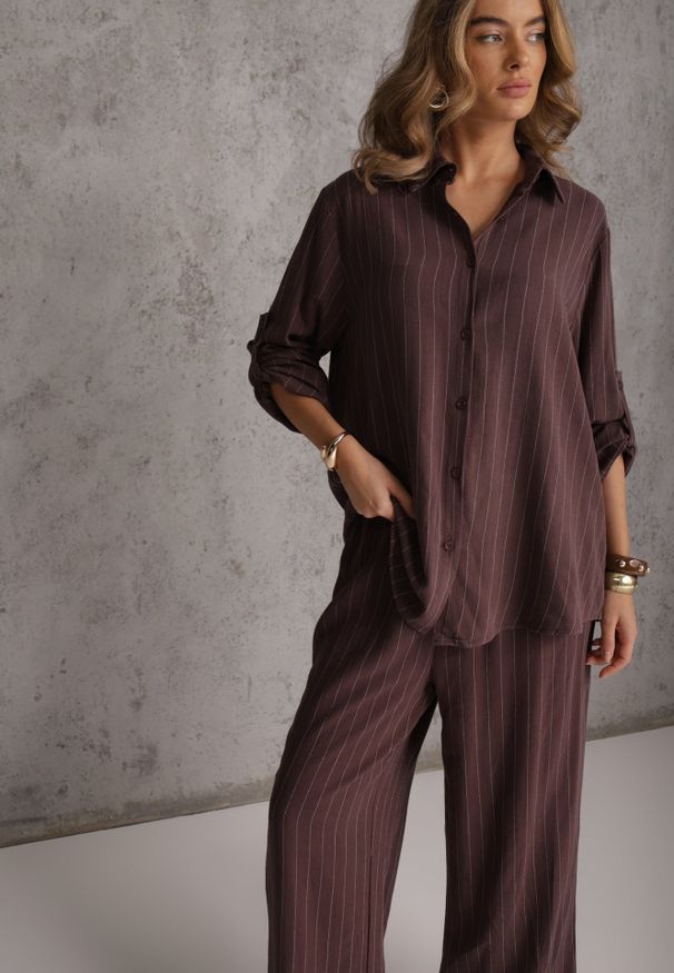 Renee - Brązowy Komplet z Wiskozy i Lnu w Delikatne Prążki Koszula i Spodnie Wide Leg Cliffesa. Kolor: brązowy. Materiał: wiskoza, len. Wzór: prążki