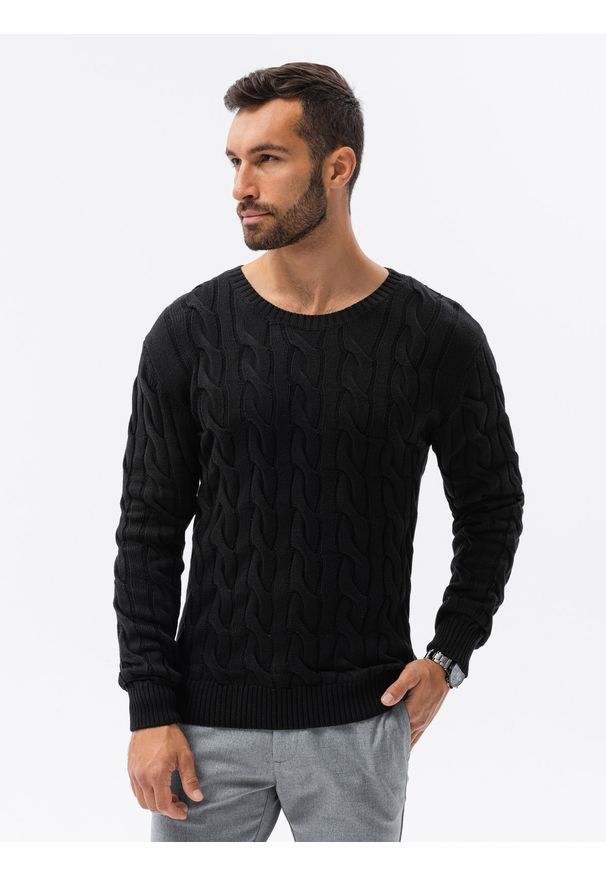 Ombre Clothing - Sweter męski z warkoczowym splotem E195 - czarny - XXL. Okazja: na co dzień. Kolor: czarny. Materiał: akryl, bawełna, jeans. Wzór: ze splotem. Styl: casual, elegancki, klasyczny