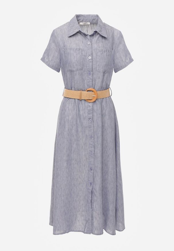 Renee - Niebieska Sukienka o Koszulowym Fasonie z Krótkim Rękawem i Paskiem z Klamrą Sylphusi. Okazja: na randkę. Kolor: niebieski. Materiał: materiał, zamsz. Długość rękawa: krótki rękaw. Typ sukienki: koszulowe. Styl: elegancki