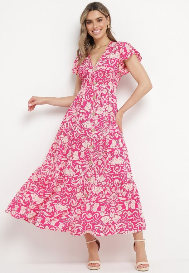 Born2be - Różowa Rozkloszowana Sukienka Maxi z Luźnym Rękawem w Kwiatowy Print Oxeria. Kolor: różowy. Wzór: nadruk, kwiaty. Sezon: lato. Typ sukienki: rozkloszowane. Długość: maxi