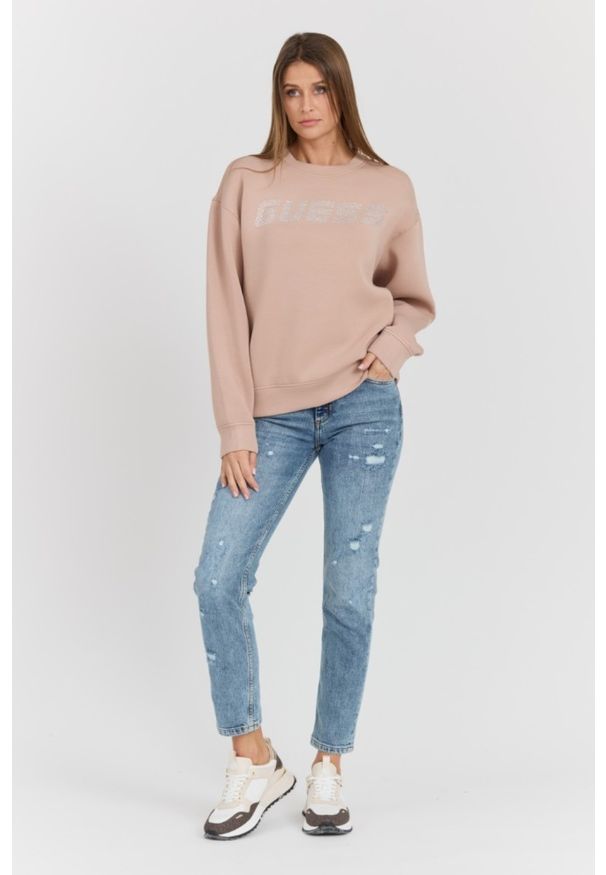 Guess - GUESS Beżowa bluza z cyrkoniami Cecilia. Kolor: czarny. Materiał: wiskoza, poliamid, materiał, elastan. Długość rękawa: długi rękaw. Długość: długie. Styl: elegancki