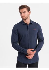 Ombre Clothing - Koszula męska bawełniana REGULAR z dzianiny single jersey - granatowa V2 OM-SHCS-0138 - XXL. Kolor: niebieski. Materiał: bawełna, dzianina, jersey. Wzór: haft, kolorowy #4