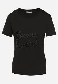 Born2be - Czarny Bawełniany T-shirt z Ozdobnym Napisem z Cyrkonii Tiavalia. Okazja: na co dzień. Kolor: czarny. Materiał: bawełna. Wzór: napisy. Styl: klasyczny, casual, elegancki, wizytowy #3