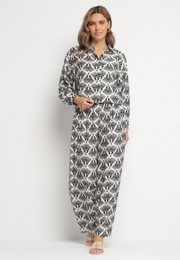 Born2be - Czarny Komplet z Wiskozą w Etniczny Wzór Szerokie Spodnie i Koszula Elezaria. Kolor: czarny. Materiał: wiskoza. Wzór: aplikacja