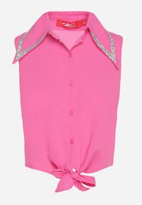 Born2be - Fuksjowa Koszula z Ozdobnym Kołnierzykiem z Cyrkoniami Revarelle. Okazja: na co dzień. Kolor: różowy. Materiał: jeans. Długość: krótkie. Wzór: aplikacja. Styl: klasyczny, casual #5