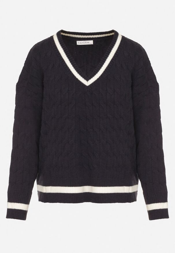 Born2be - Granatowy Sweter Preppy z Domieszką Kaszmiru Zdobiony Strukturalnym Splotem Lorentie. Okazja: na spotkanie biznesowe, do pracy, na co dzień. Typ kołnierza: dekolt w serek. Kolor: niebieski. Materiał: kaszmir. Wzór: aplikacja, ze splotem. Styl: elegancki, biznesowy, klasyczny, casual