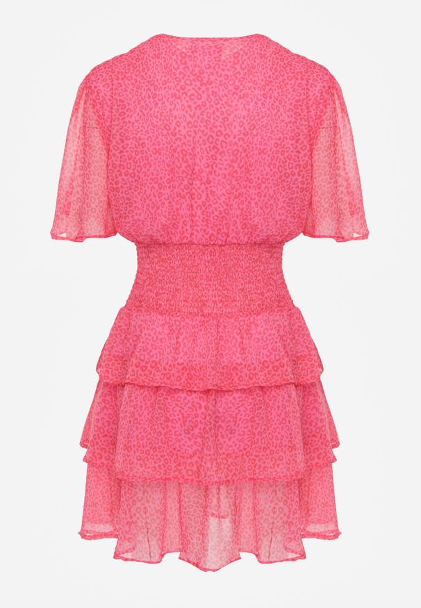 Born2be - Różowa Taliowana Sukienka Mini z Głębokim Dekoltem i Gumkami w Pasie Neetho. Kolor: różowy. Długość rękawa: krótki rękaw. Sezon: wiosna, lato. Długość: mini