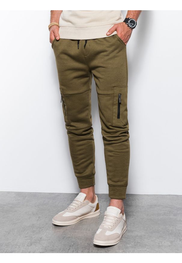 Ombre Clothing - Spodnie męskie dresowe - oliwkowe V1 P1087 - XL. Kolor: oliwkowy. Materiał: dresówka