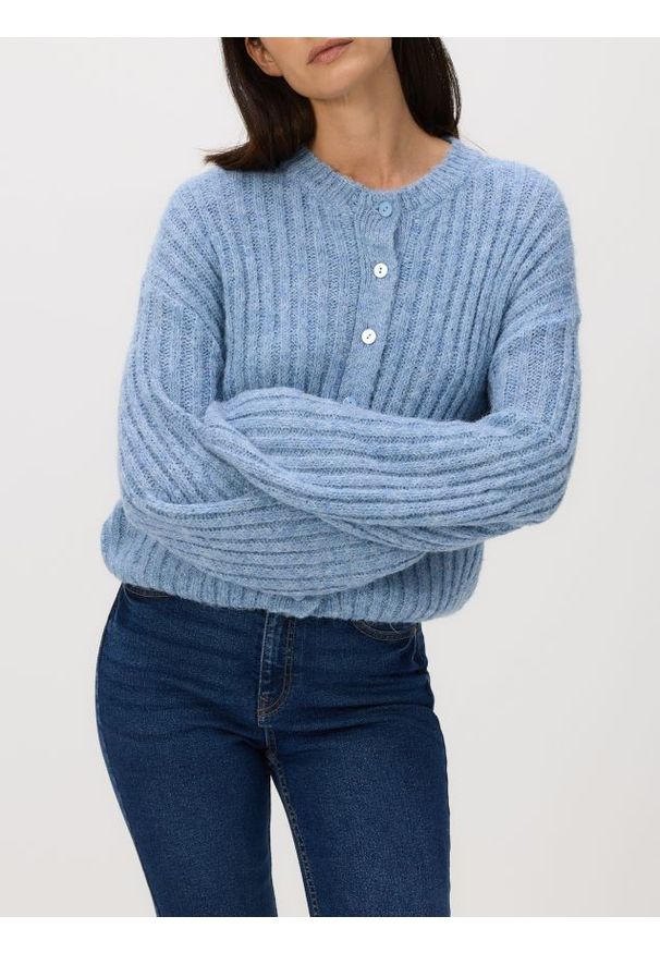 Reserved - Kardigan z ozdonym splotem - niebieski. Kolor: niebieski. Materiał: dzianina. Wzór: ze splotem