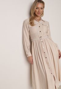 Born2be - Beżowa Wiskozowa Sukienka Koszulowa z Paskiem Andranassa. Okazja: na co dzień. Kolor: beżowy. Materiał: wiskoza. Wzór: aplikacja. Typ sukienki: koszulowe. Styl: casual, elegancki #6