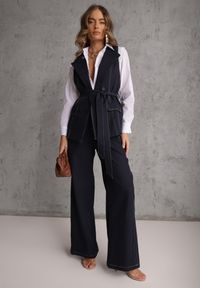 Renee - Granatowy Garniturowy Komplet Spodnie o Szerokim Kroju i Kamizelka z Paskiem Danynril. Kolor: niebieski #1