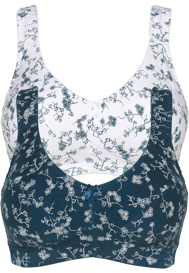 bonprix - Biustonosz bez fiszbinów (2 szt.), bawełna organiczna. Kolor: niebieski. Materiał: bawełna. Rodzaj stanika: wyściełane miseczki, różne sposoby noszenia. Wzór: nadruk, kwiaty