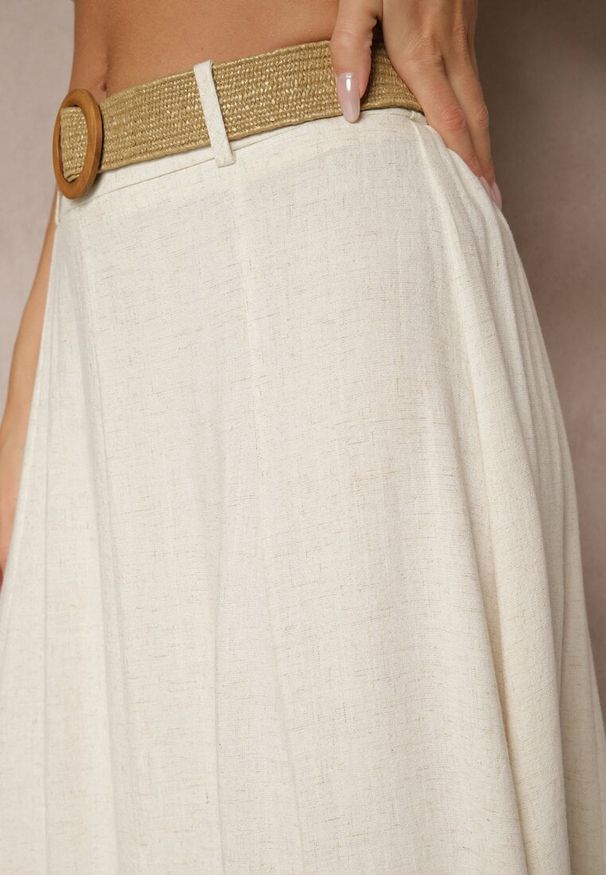 Renee - Beżowa Spódnica z Lnem i Wiskozą High Waist z Paskiem Emirisa. Okazja: na co dzień. Stan: podwyższony. Kolor: beżowy. Materiał: len, wiskoza. Wzór: aplikacja. Styl: klasyczny, elegancki, casual