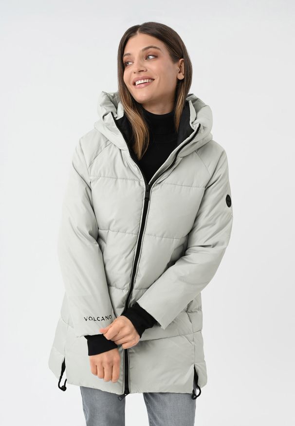 Volcano - Zimowy płaszcz J-FROZEN. Okazja: na co dzień. Typ kołnierza: kołnierzyk stójkowy. Kolor: szary. Materiał: materiał, puch. Długość rękawa: raglanowy rękaw. Wzór: gładki. Sezon: zima. Styl: casual