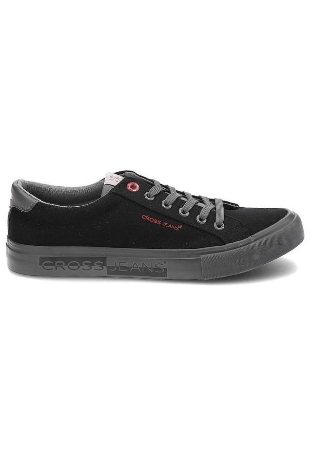 Czarne Trampki Cross Jeans Modne Buty Męskie. Okazja: na co dzień. Kolor: czarny. Materiał: materiał. Szerokość cholewki: normalna. Wzór: aplikacja. Styl: casual