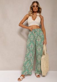 Renee - Zielone Boho Spodnie z Wiskozy High Waist z Szerokimi Nogawkami i Gumką w Pasie Walnena. Stan: podwyższony. Kolor: zielony. Materiał: wiskoza. Styl: boho #4