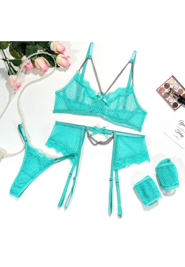 Intica - Bielizna z koronką i łańcuszkiem na romantyczne wieczory Jeehyun. Kolor: niebieski. Materiał: koronka. Wzór: koronka