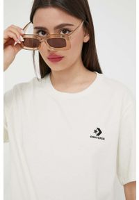 Converse t-shirt bawełniany kolor beżowy z aplikacją. Kolor: beżowy. Materiał: bawełna. Długość rękawa: krótki rękaw. Długość: krótkie. Wzór: aplikacja. Styl: klasyczny #4