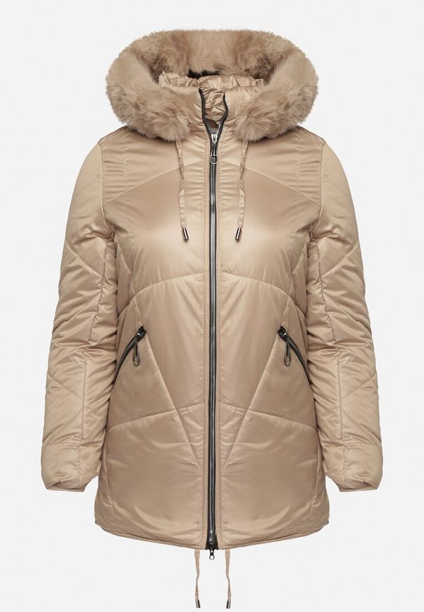 Born2be - Ciemnobeżowa Kurtka Lekko Pikowana z Odpinanym Kapturem i Futerkiem Fioritta. Kolekcja: plus size. Kolor: beżowy. Materiał: futro. Sezon: zima