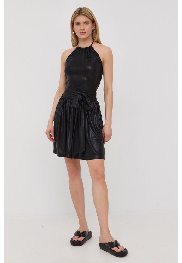 Love Moschino sukienka kolor czarny mini rozkloszowana. Typ kołnierza: dekolt halter. Kolor: czarny. Materiał: tkanina. Wzór: gładki. Typ sukienki: rozkloszowane. Długość: mini