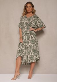 Renee - Ciemnozielona Sukienka z Bawełną i Abstrakcyjnym Motywem Filarella. Okazja: na co dzień. Kolor: zielony. Materiał: bawełna. Długość rękawa: krótki rękaw. Sezon: lato. Styl: elegancki, casual